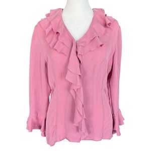 VTG Y2K 100% Silk Ruffle Polka Dot Top Blouse Size 6 Pink Romantic Fairy
